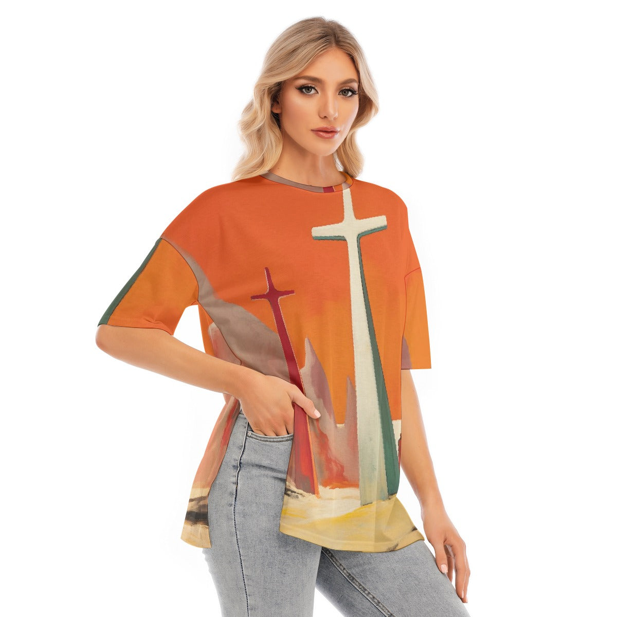 All-Over Print Women's Short Sleeves T-shirt With Hem Split