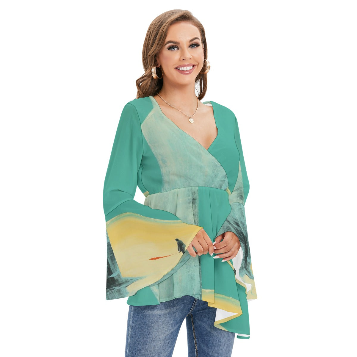 All-Over Print Women's V-neck Blouse With Flared Sleeves