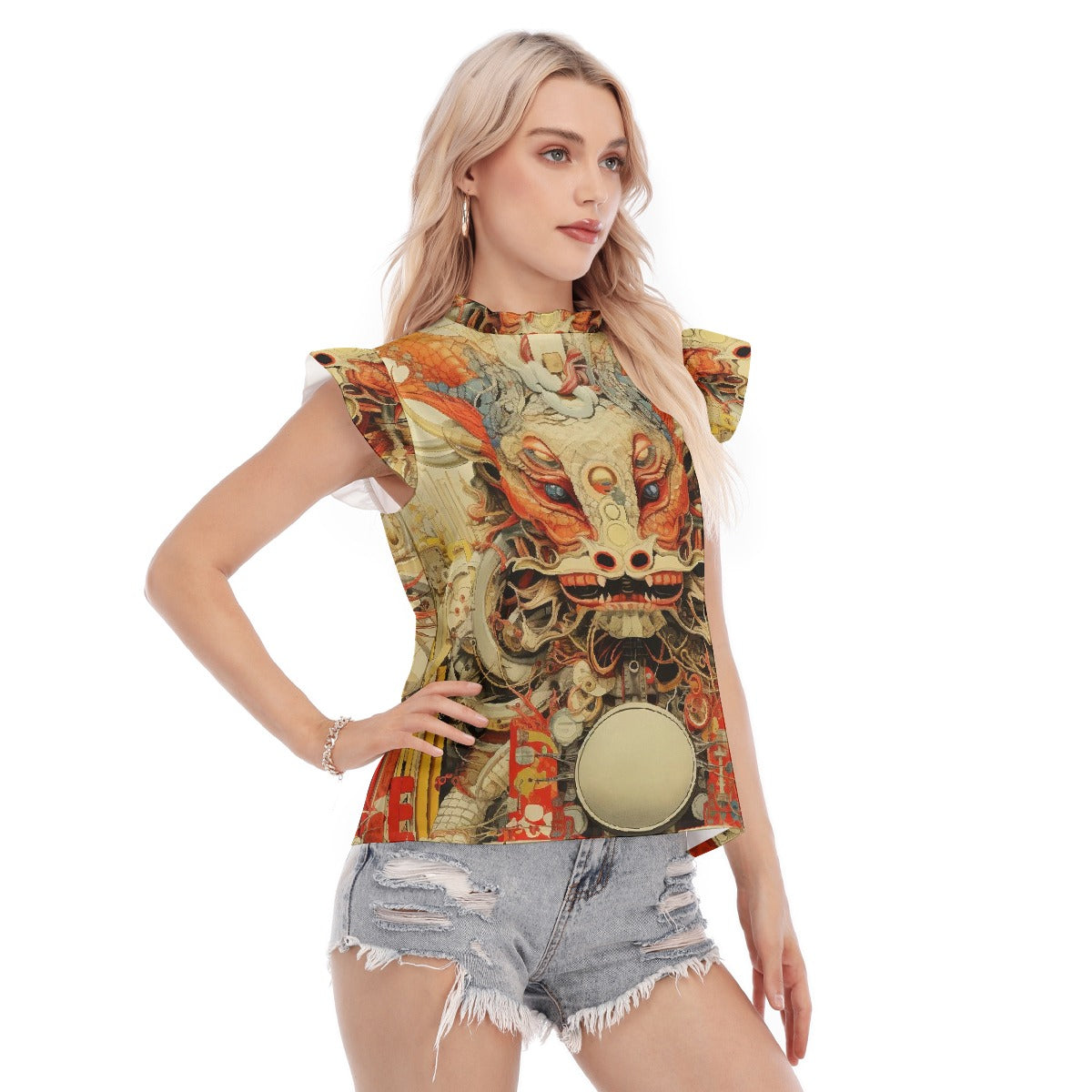 All-Over Print Women's Blouse With Ruffle Collar And Sleeve