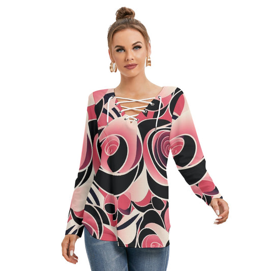 All-Over Print Women's Long Sleeve Neckline Tie Sweatshirt