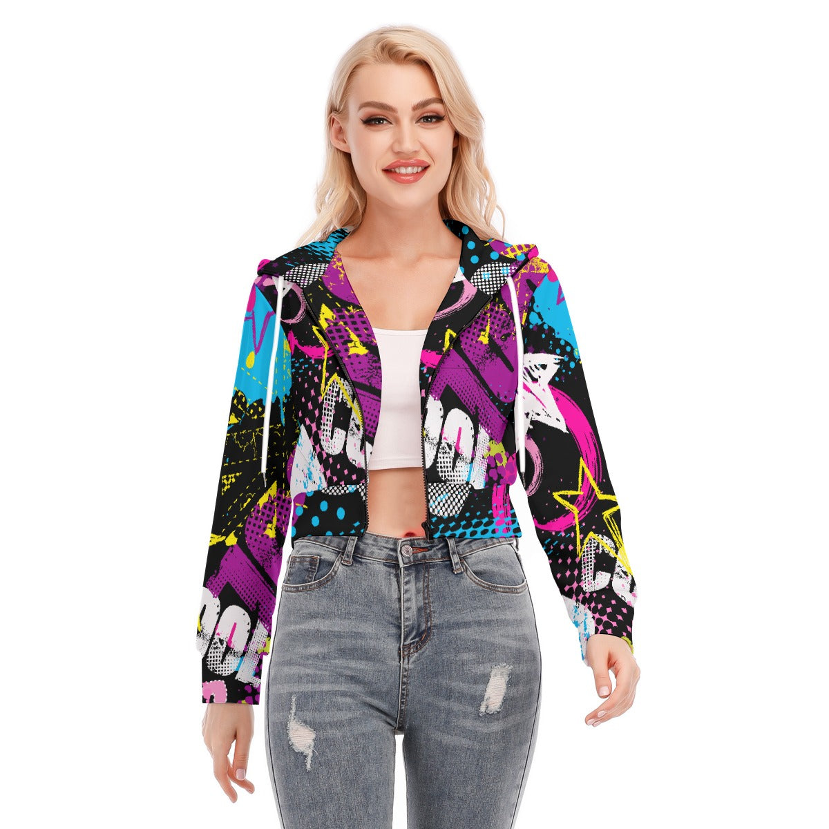 All-Over Print Women's Crop Top Hoodie With Zipper Closure