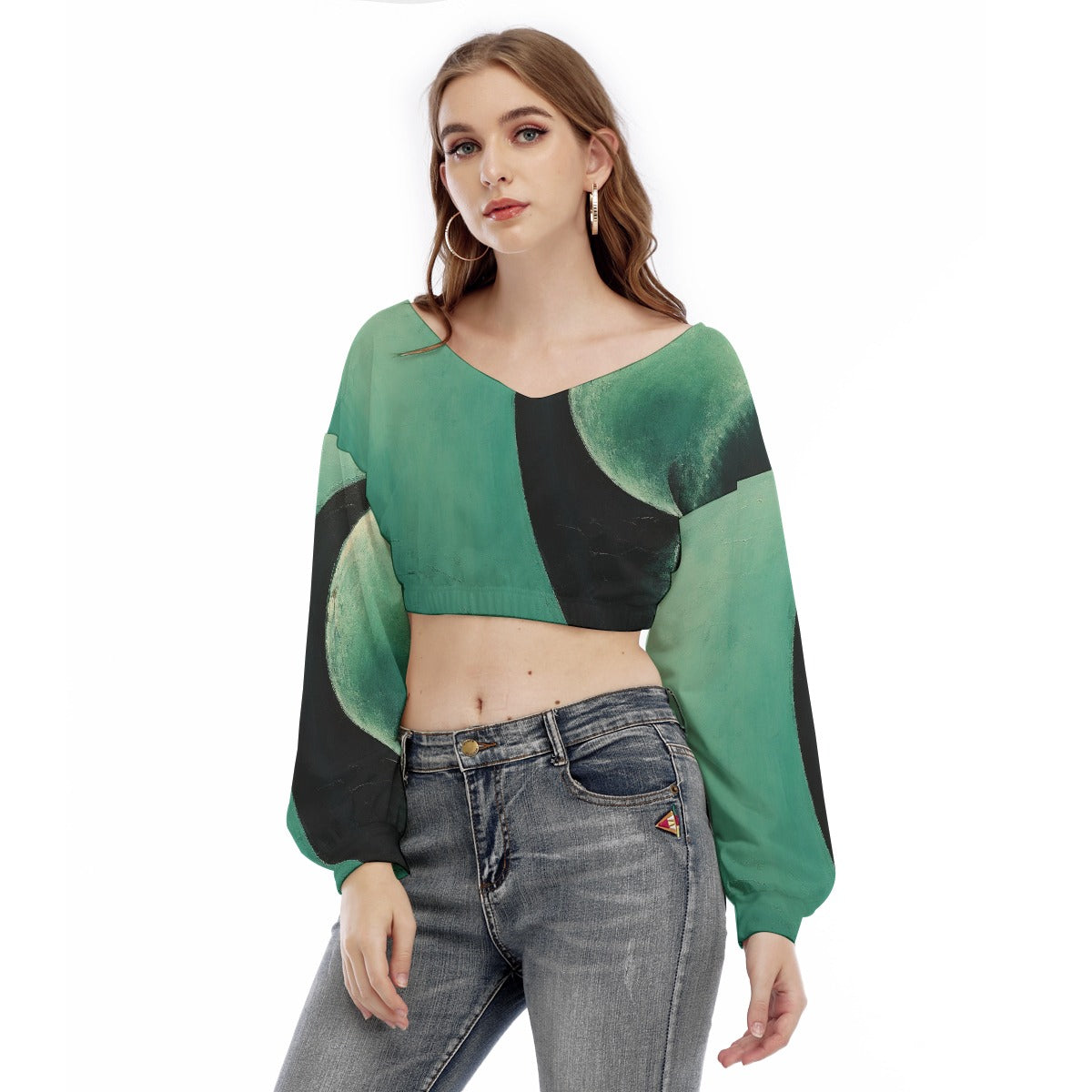 All-Over Print Women's V-neck Long Sleeve Cropped Sweatshirt