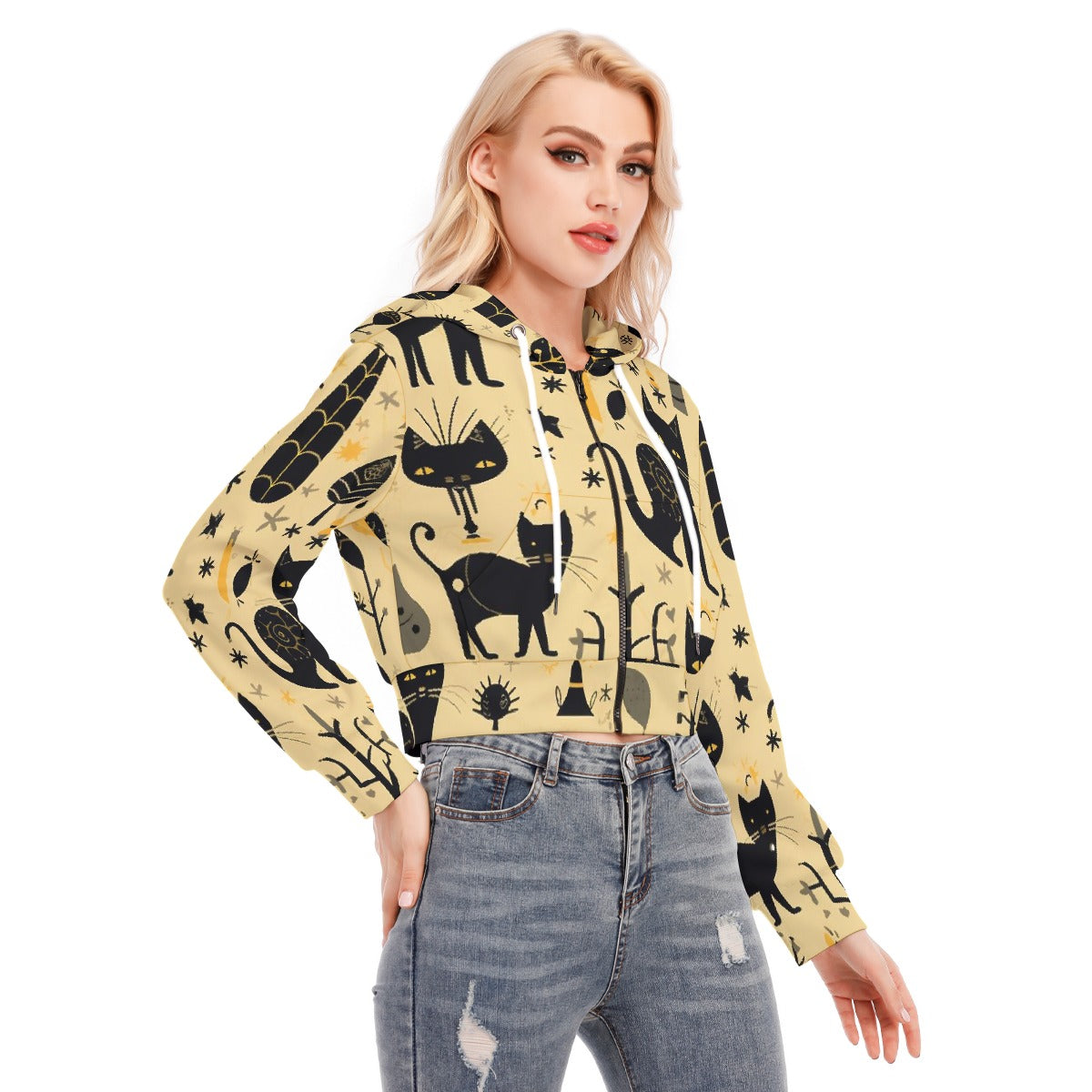 All-Over Print Women's Crop Top Hoodie With Zipper Closure