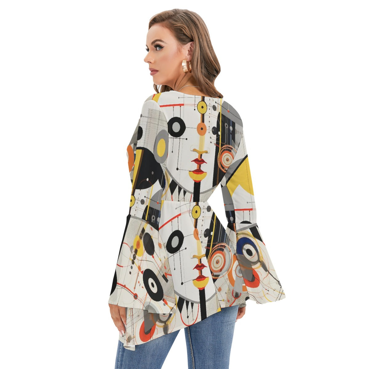 All-Over Print Women's V-neck Blouse With Flared Sleeves