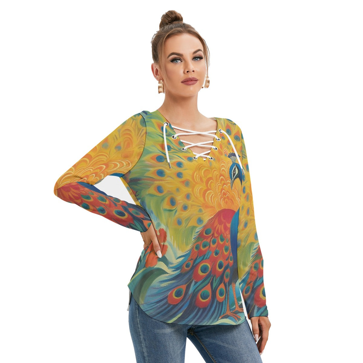 All-Over Print Women's Long Sleeve Neckline Tie Sweatshirt