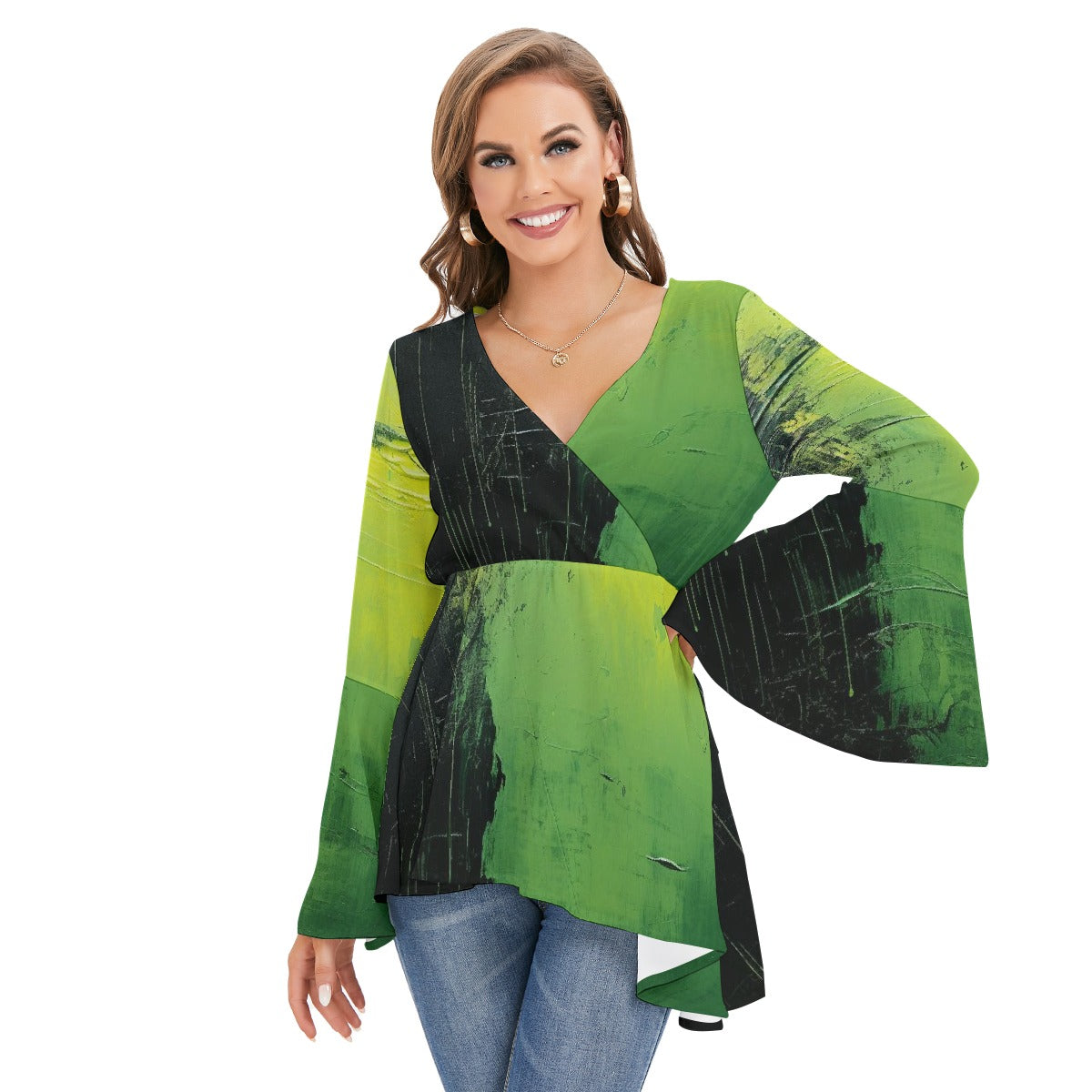 All-Over Print Women's V-neck Blouse With Flared Sleeves