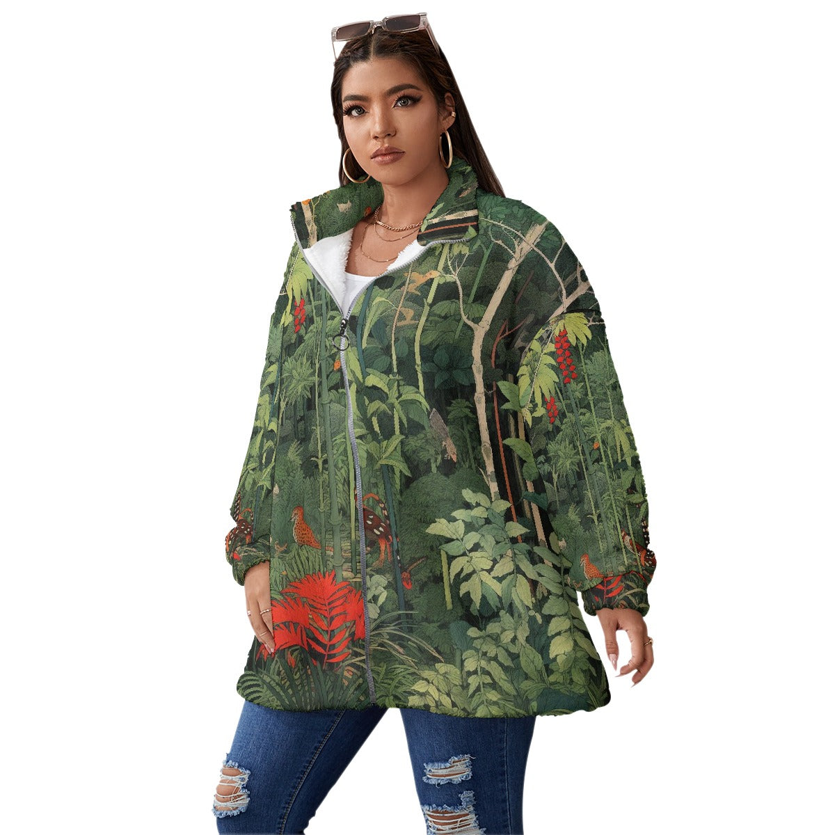 All-Over Print Unisex Borg Fleece Stand-up Collar Coat With Zipper Closure(Plus Size)