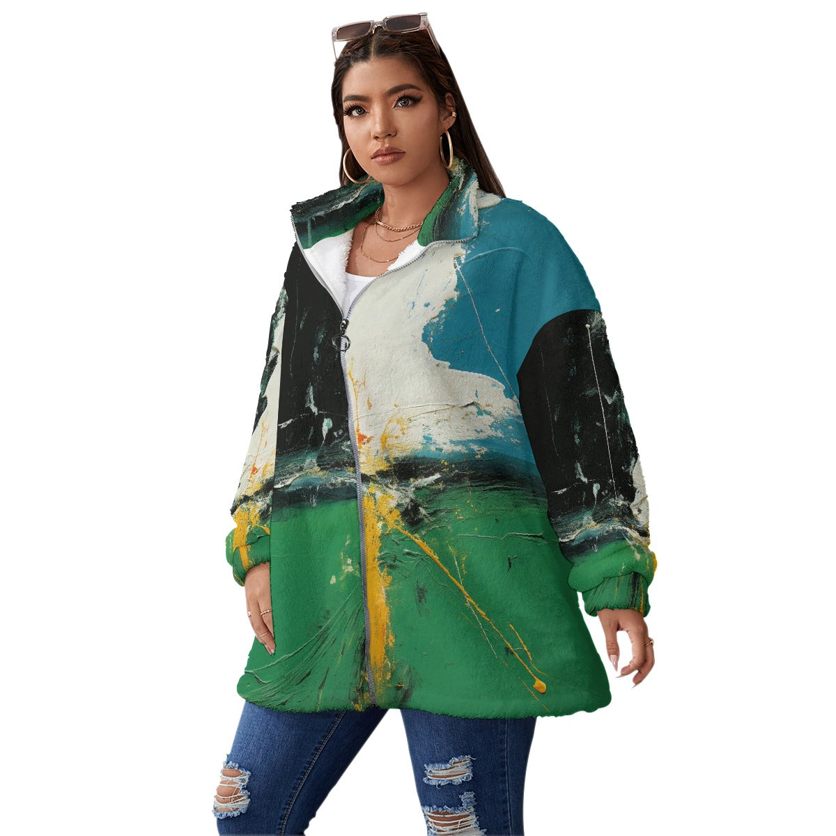 All-Over Print Unisex Borg Fleece Stand-up Collar Coat With Zipper Closure(Plus Size)