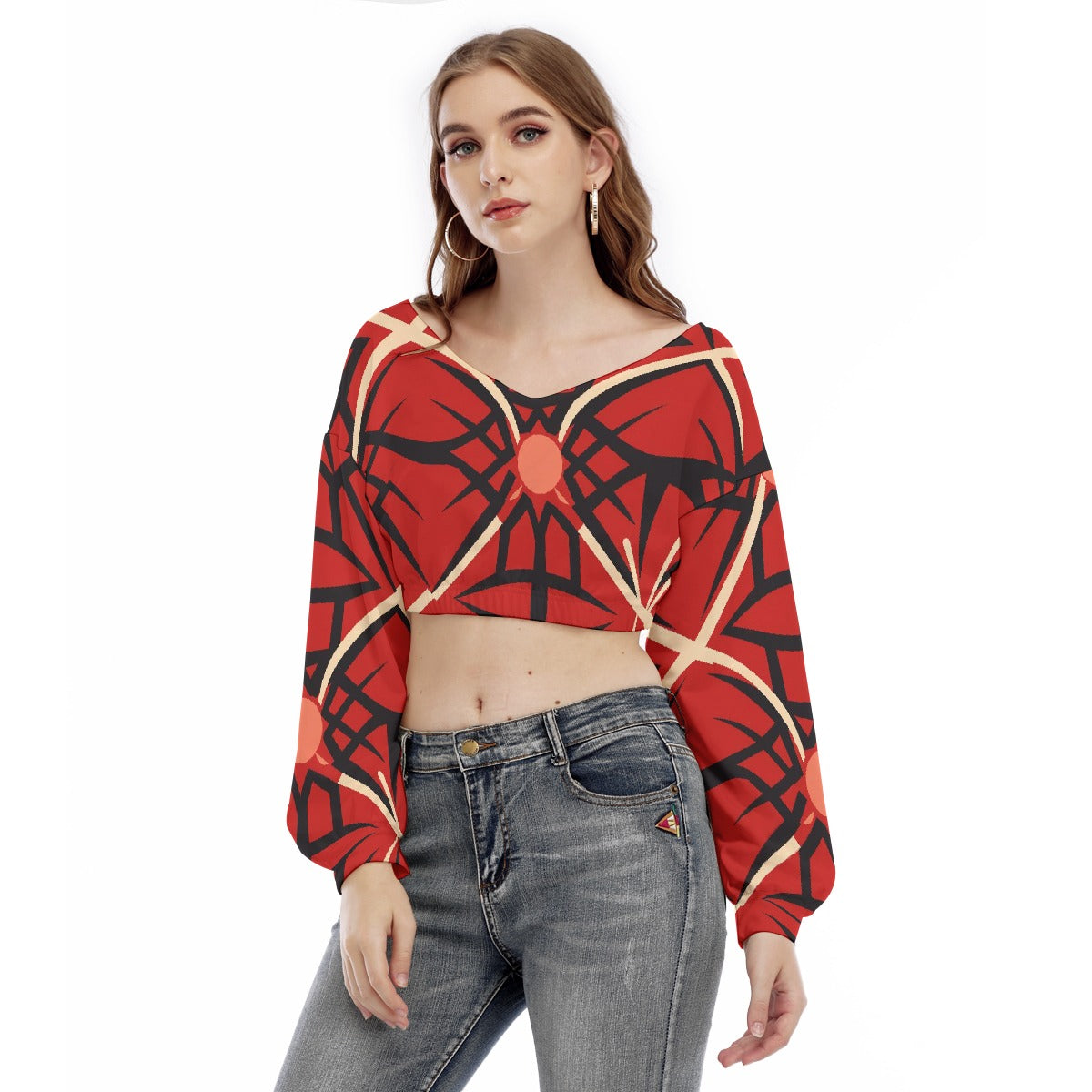 All-Over Print Women's V-neck Long Sleeve Cropped Sweatshirt