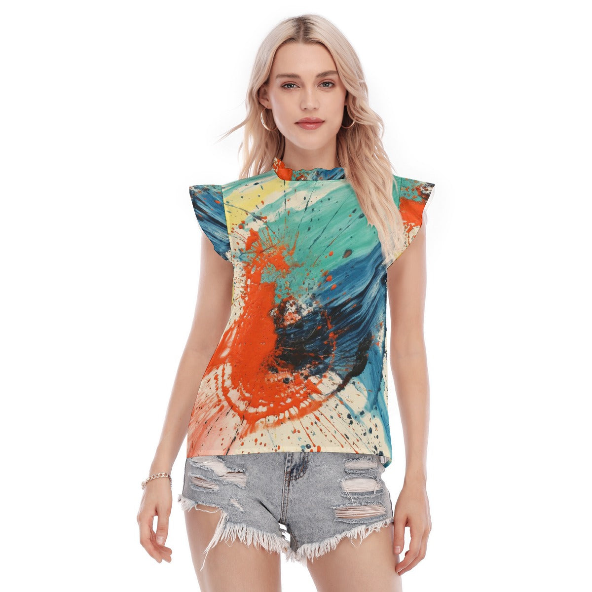 All-Over Print Women's Blouse With Ruffle Collar And Sleeve