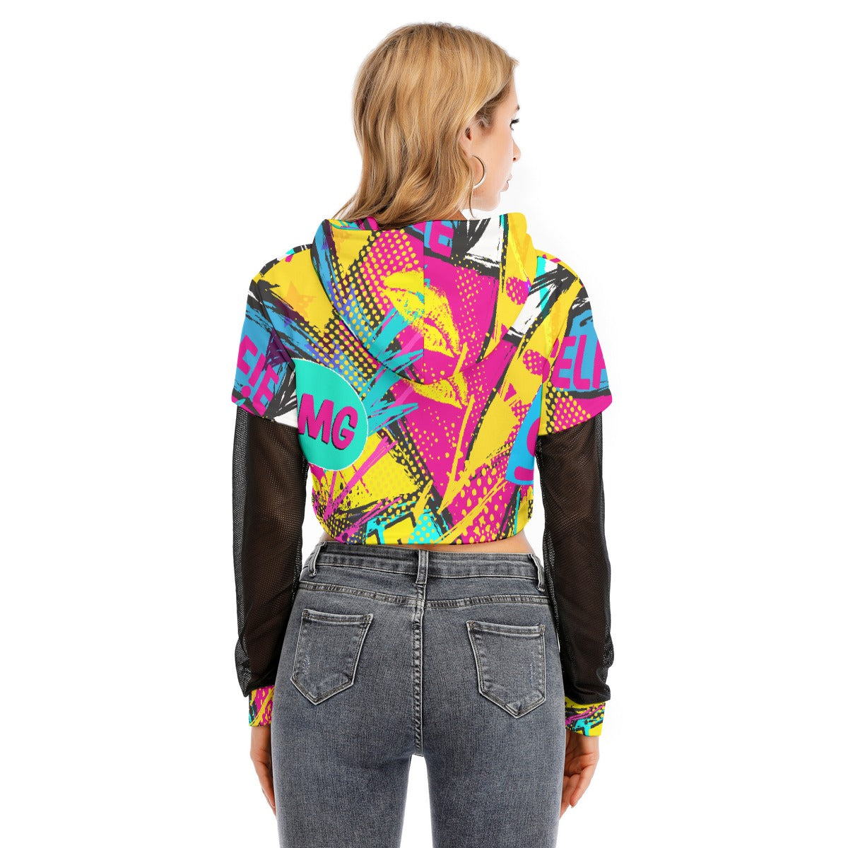 All-Over Print Women's Fake Two-piece Mesh Sleeve Cropped Hoodie
