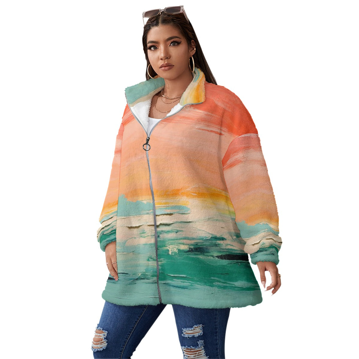 All-Over Print Unisex Borg Fleece Stand-up Collar Coat With Zipper Closure(Plus Size)