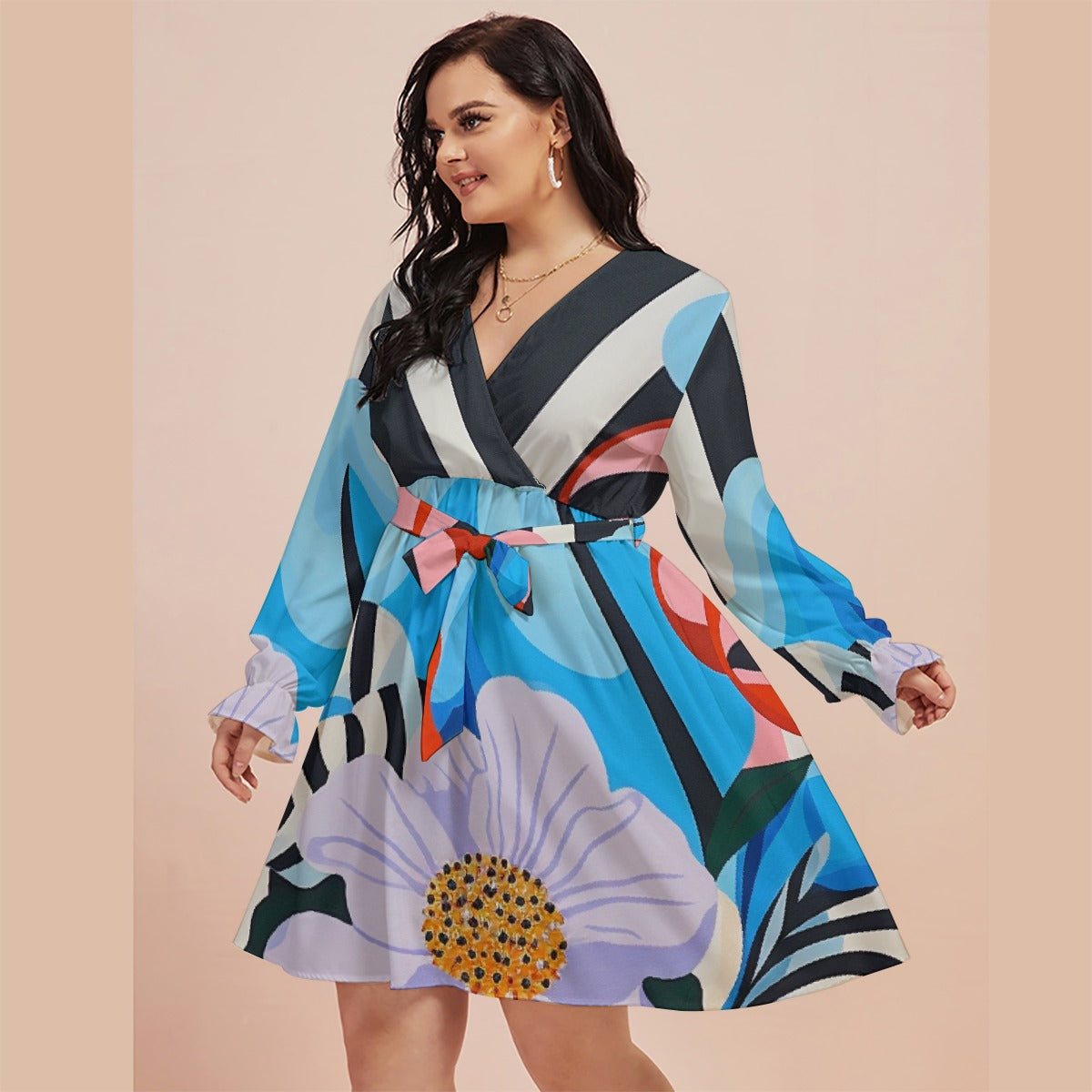 All-Over Print Women's V-neck Dress With Waistband(Plus Size)