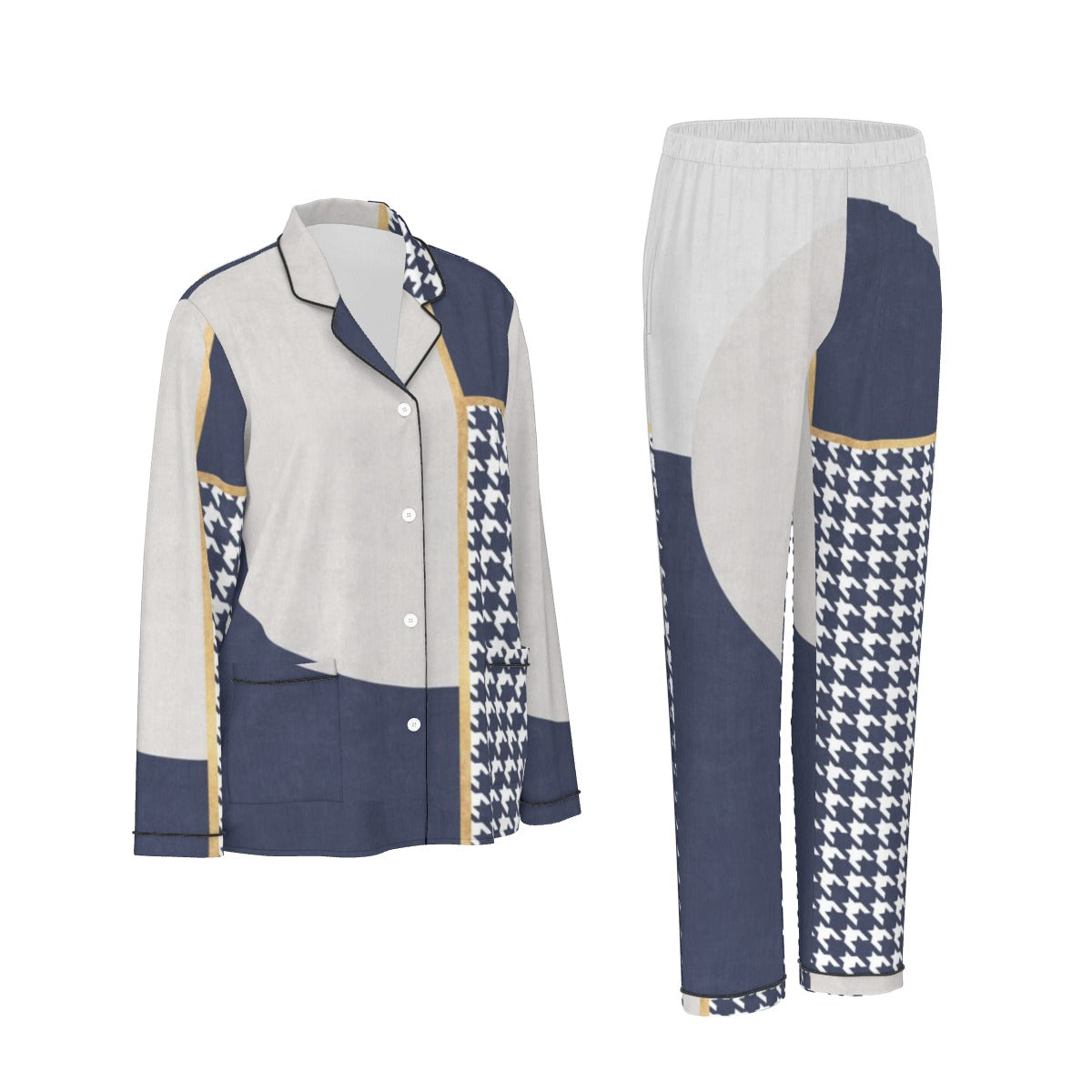 All-Over Print Women's Long Sleeve Pajama Set With Black Contrast Piping