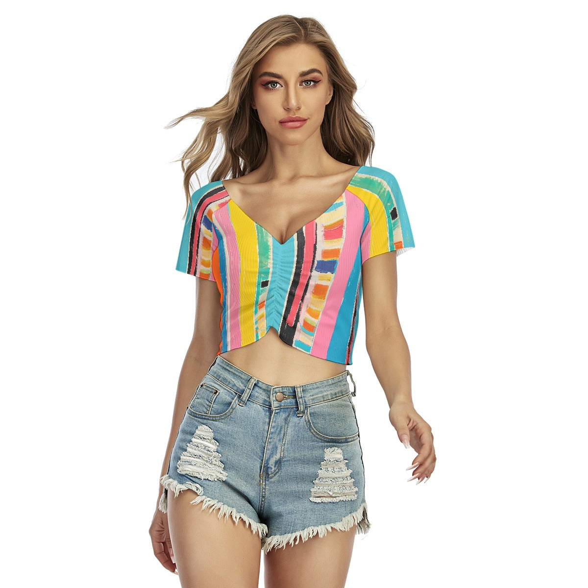 All-Over Print Women's Raglan Drawstring Front  Crop Tee