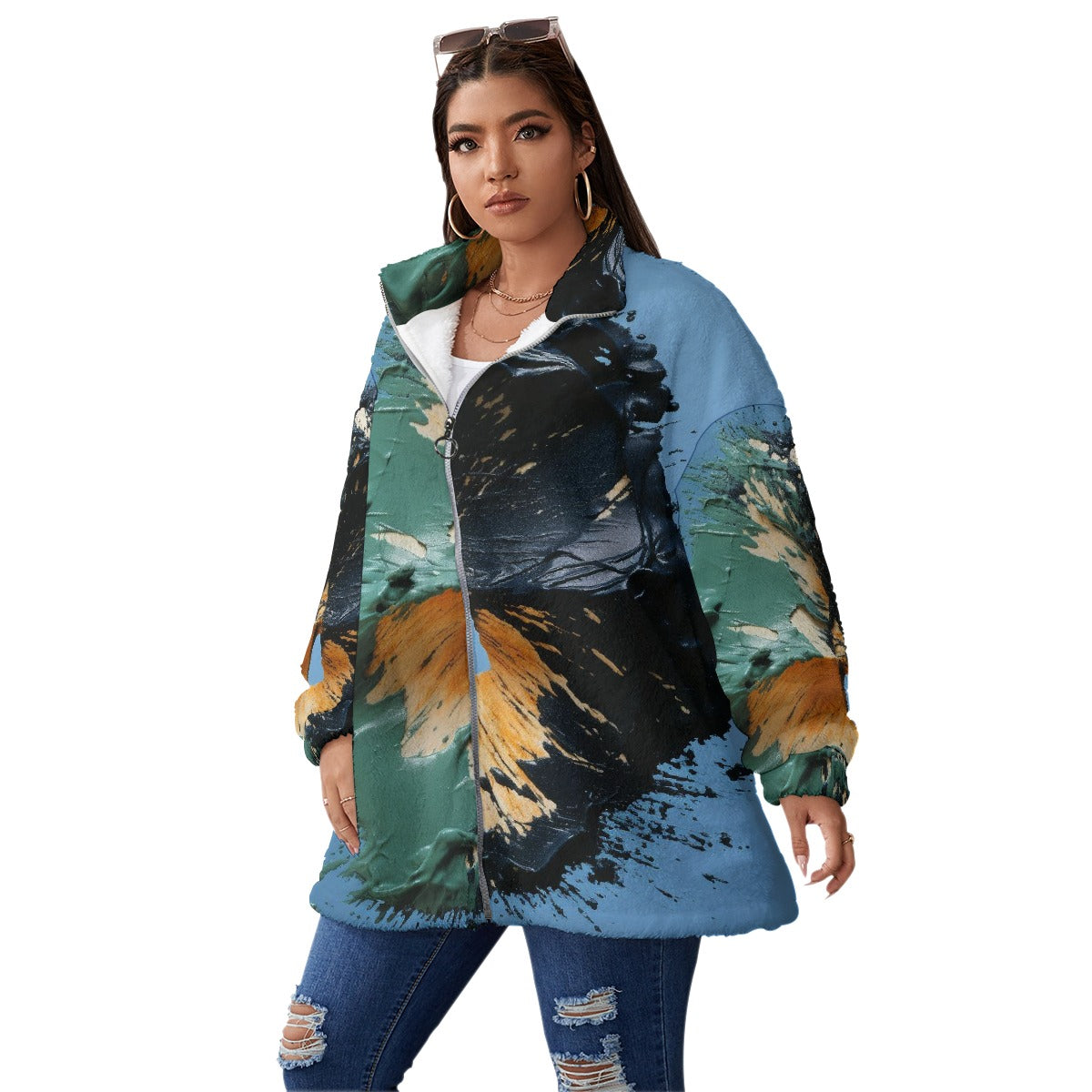 All-Over Print Unisex Borg Fleece Stand-up Collar Coat With Zipper Closure(Plus Size)