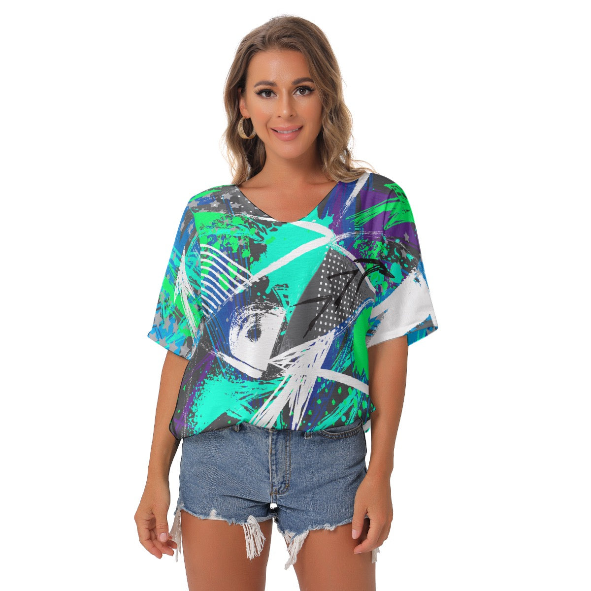 All-Over Print Women's Bat Sleeves V-Neck Blouse