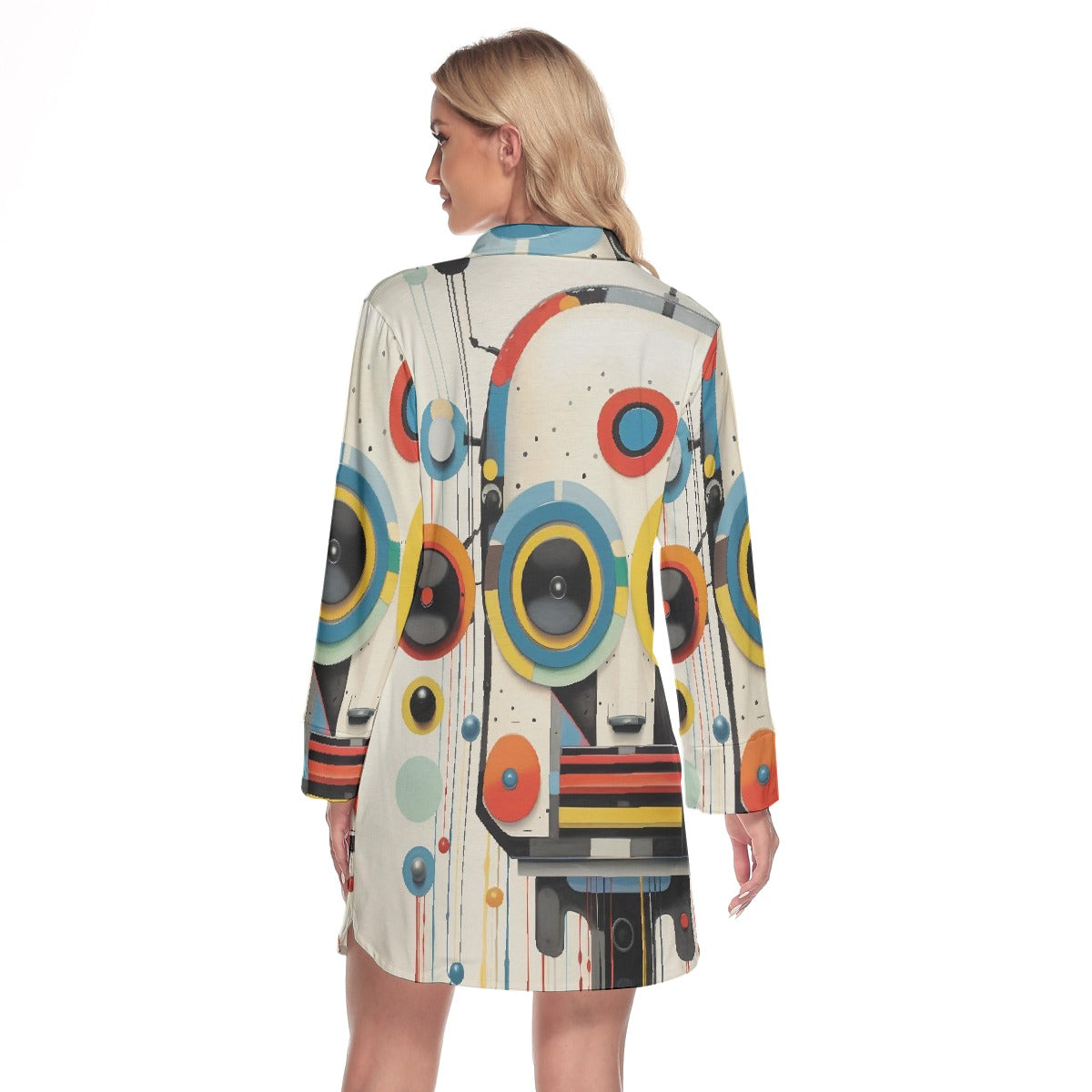 All-Over Print Women's Lapel Shirt Dress With Long Sleeve