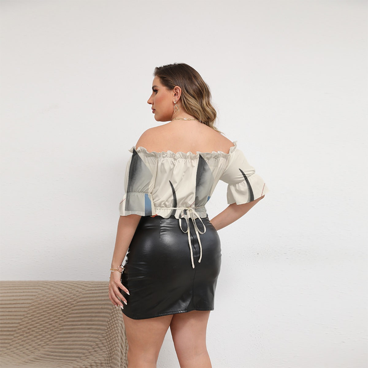 All-Over Print Women's Off-shoulder Cropped Top With Short Puff Sleeve