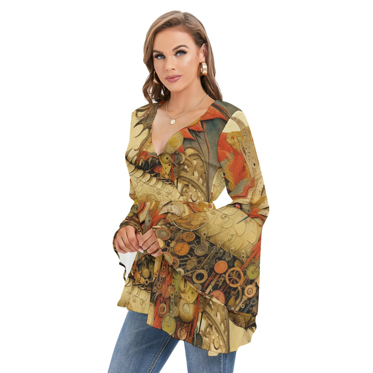 All-Over Print Women's V-neck Blouse With Flared Sleeves