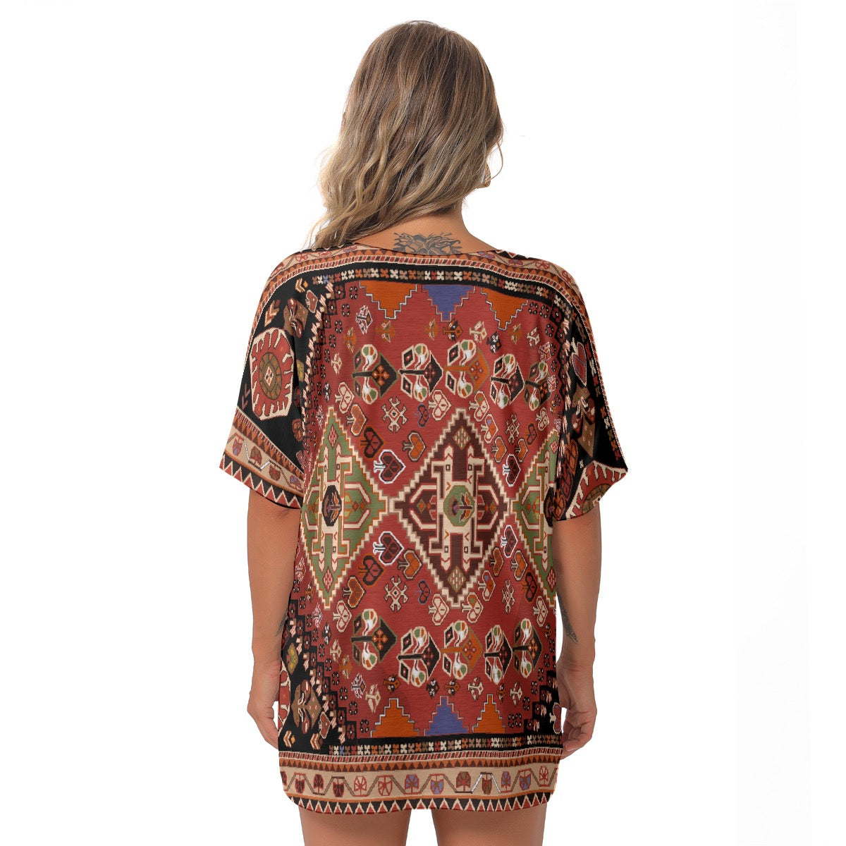 All-Over Print Women's Bat Sleeves V-Neck Blouse