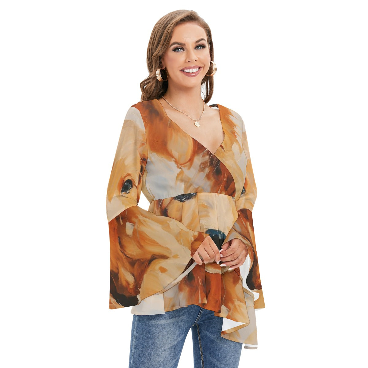 All-Over Print Women's V-neck Blouse With Flared Sleeves