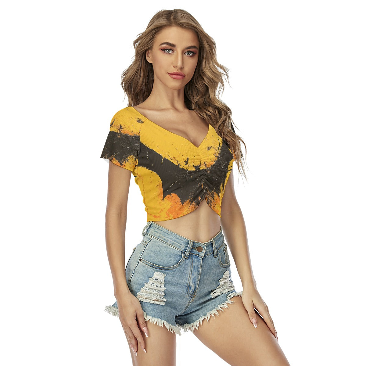 All-Over Print Women's Raglan Drawstring Front  Crop Tee