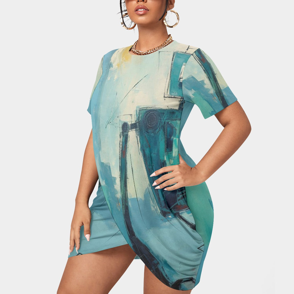 All-Over Print Women’s Stacked Hem Dress With Short Sleeve（Plus Size）