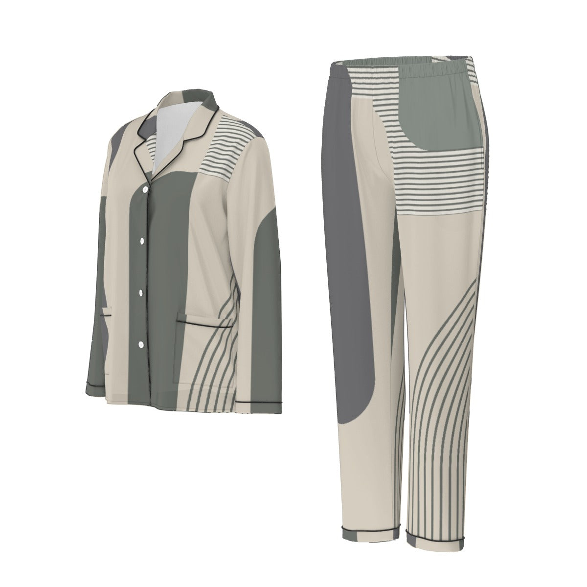 All-Over Print Women's Long Sleeve Pajama Set With Black Contrast Piping