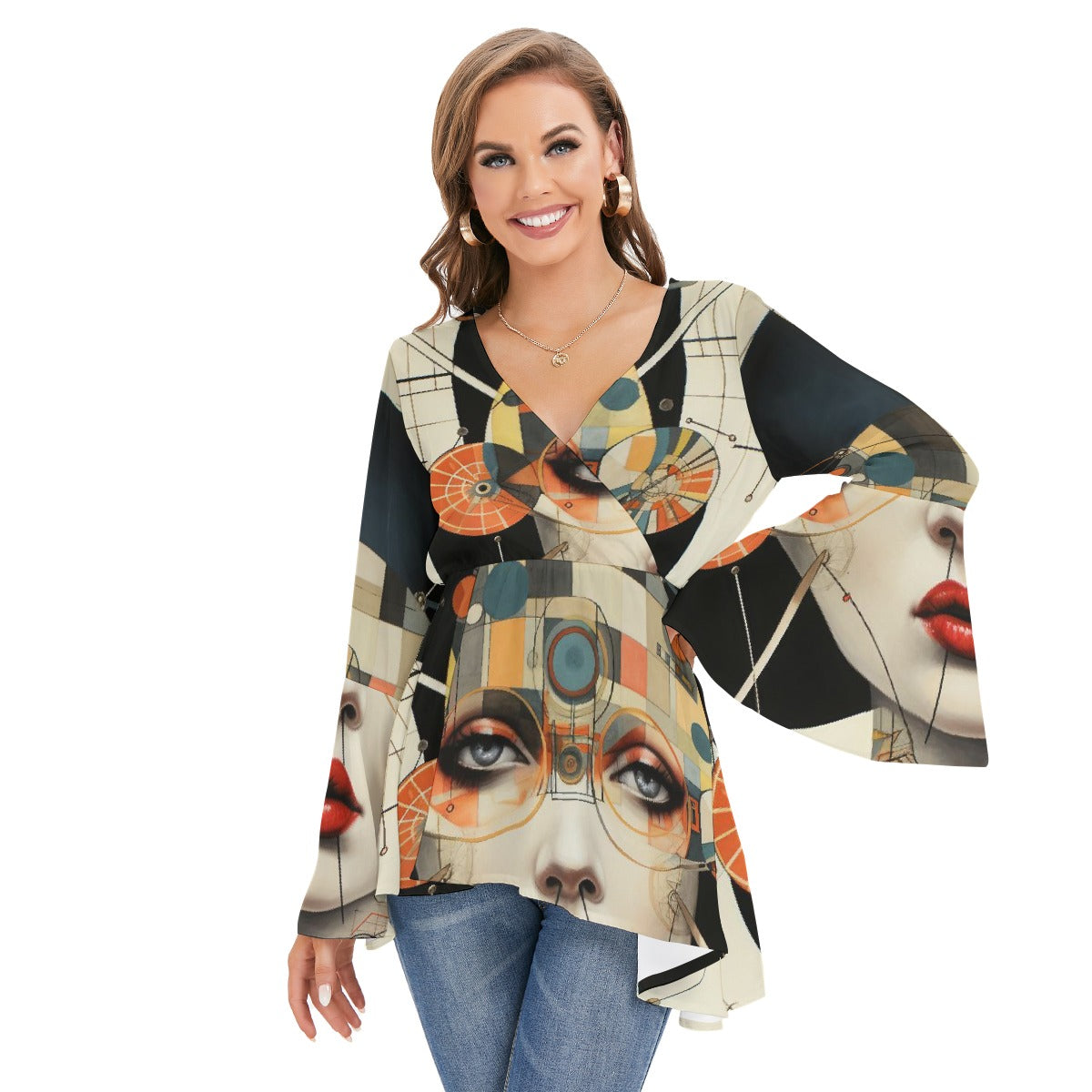 All-Over Print Women's V-neck Blouse With Flared Sleeves