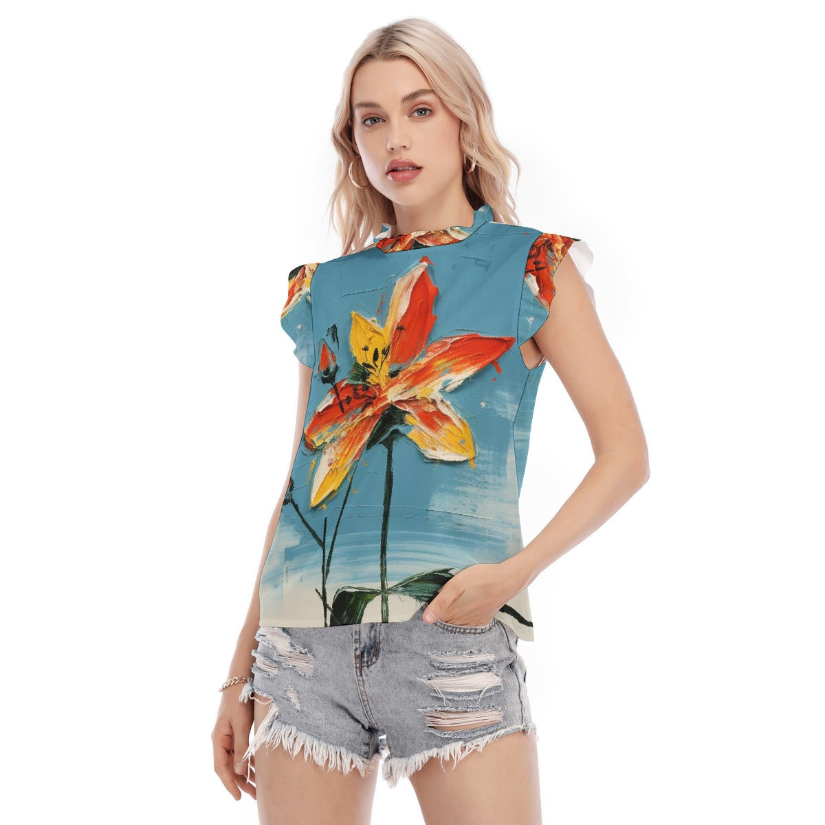 All-Over Print Women's Blouse With Ruffle Collar And Sleeve