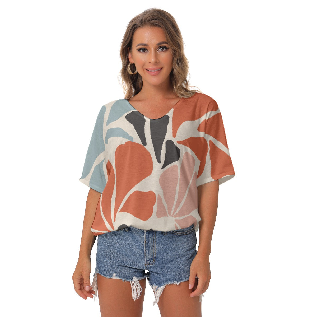 All-Over Print Women's Bat Sleeves V-Neck Blouse