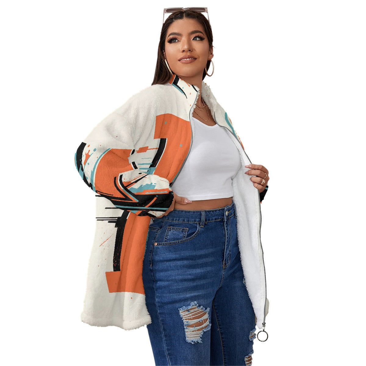 All-Over Print Unisex Borg Fleece Stand-up Collar Coat With Zipper Closure(Plus Size)