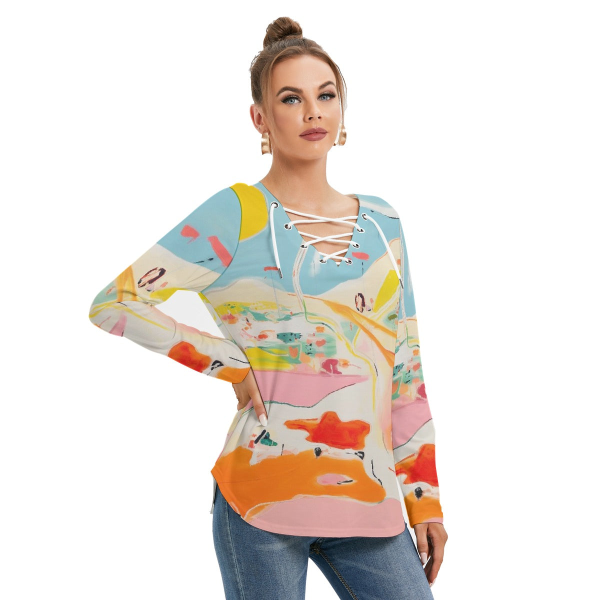 All-Over Print Women's Long Sleeve Neckline Tie Sweatshirt