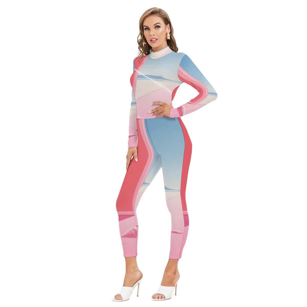 All-Over Print Women's Long-sleeved High-neck Jumpsuit With Zipper