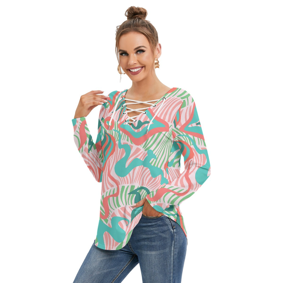 All-Over Print Women's Long Sleeve Neckline Tie Sweatshirt