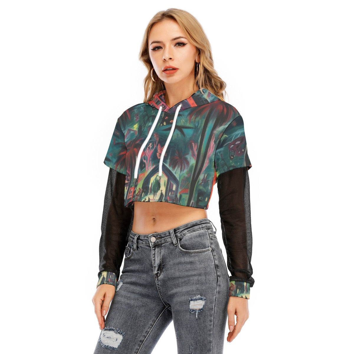 All-Over Print Women's Fake Two-piece Mesh Sleeve Cropped Hoodie