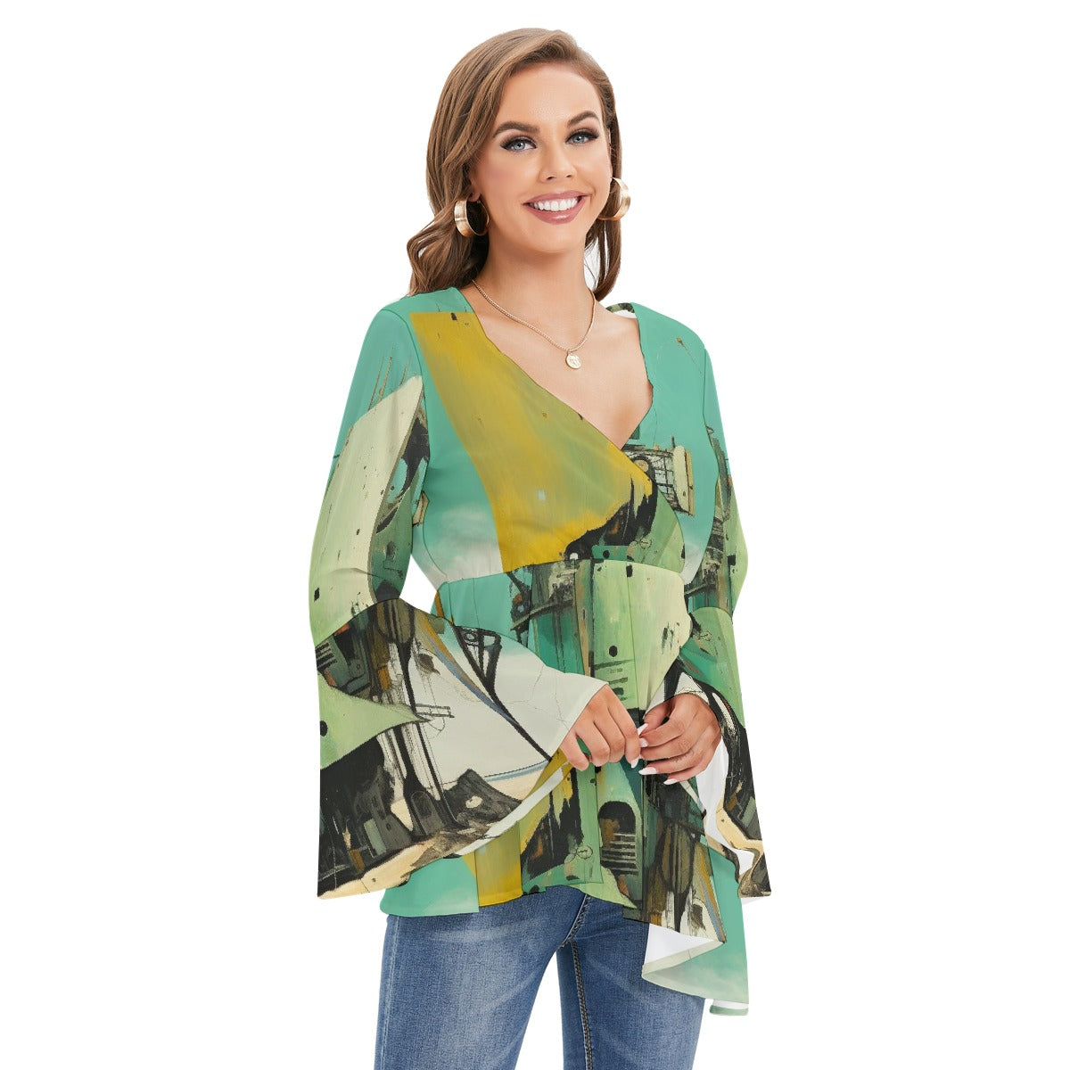 All-Over Print Women's V-neck Blouse With Flared Sleeves