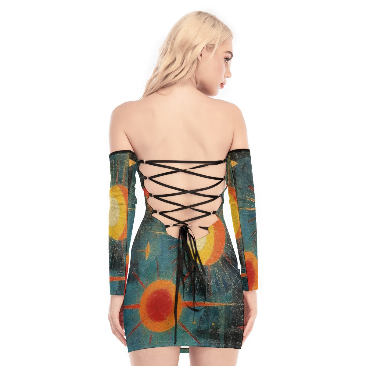 All-Over Print Women's Off-shoulder Back Lace-up Dress