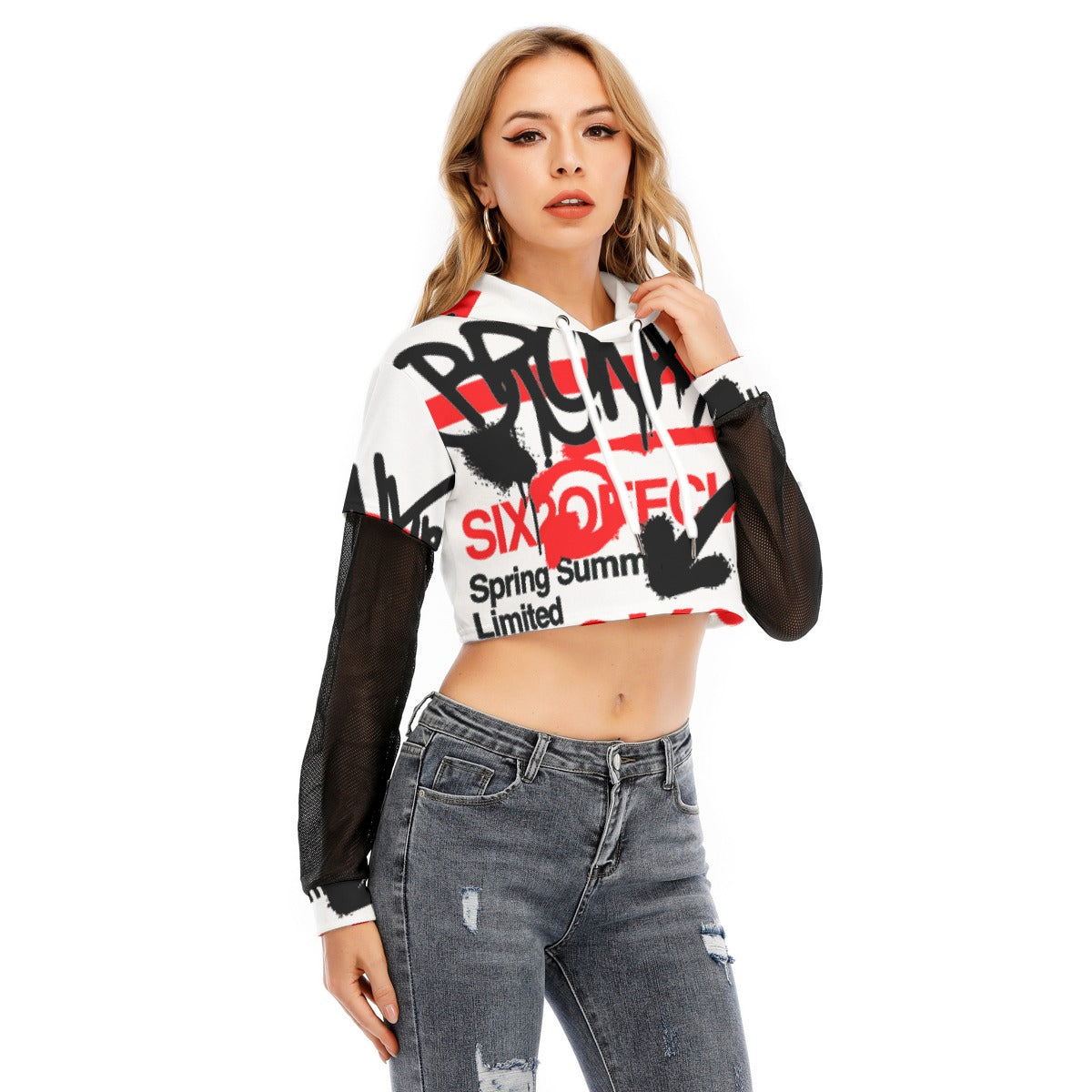 All-Over Print Women's Fake Two-piece Mesh Sleeve Cropped Hoodie