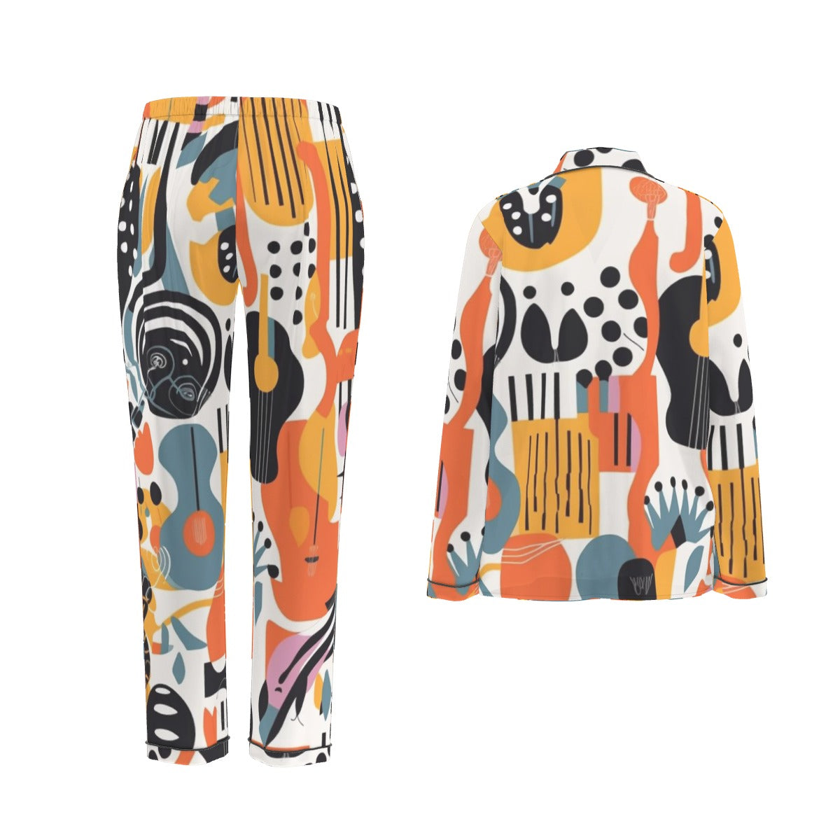 All-Over Print Women's Long Sleeve Pajama Set With Black Contrast Piping