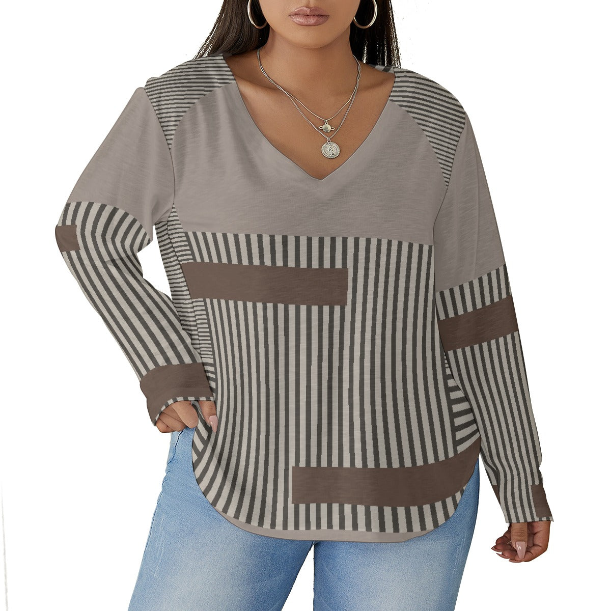 All-Over Print Women's V-neck T-shirt With Curved Hem(Plus Size)