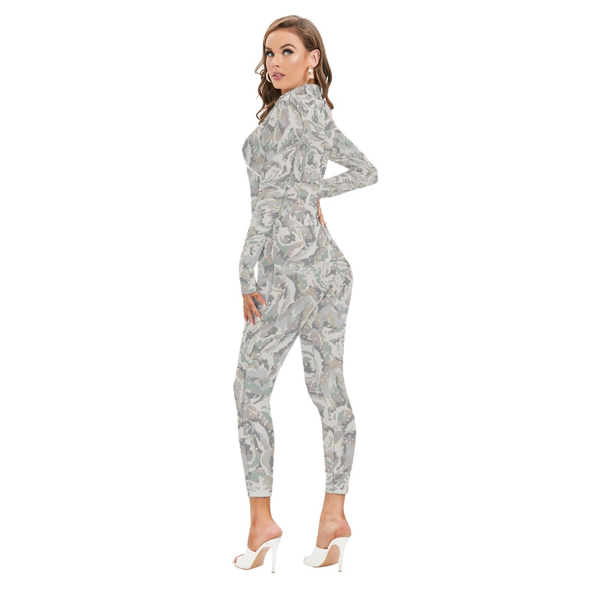 All-Over Print Women's Long-sleeved High-neck Jumpsuit With Zipper
