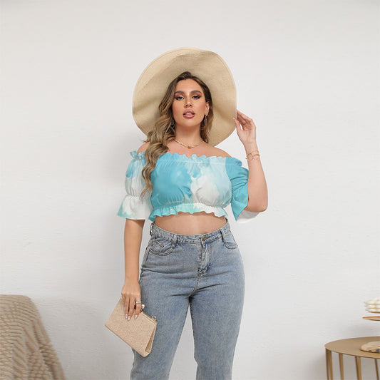All-Over Print Women's Off-shoulder Cropped Top With Short Puff Sleeve