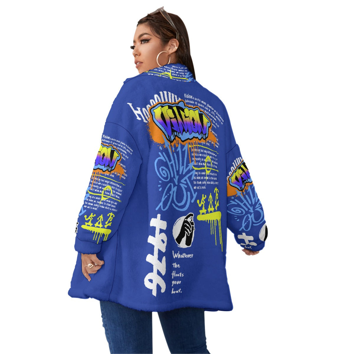 All-Over Print Unisex Borg Fleece Stand-up Collar Coat With Zipper Closure(Plus Size)