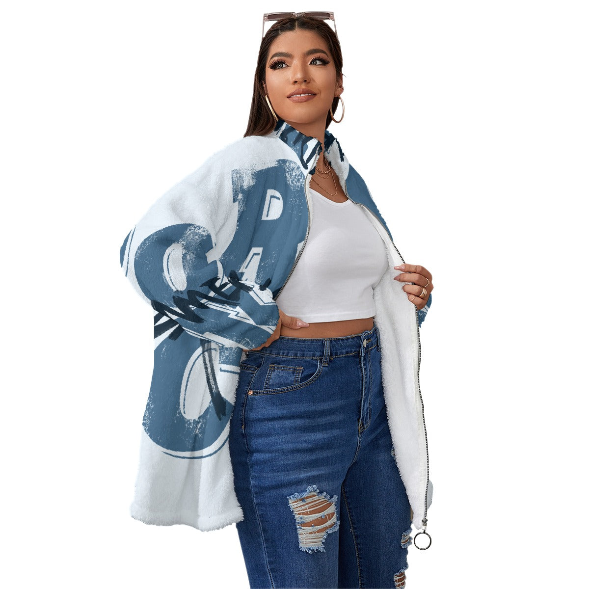 All-Over Print Unisex Borg Fleece Stand-up Collar Coat With Zipper Closure(Plus Size)