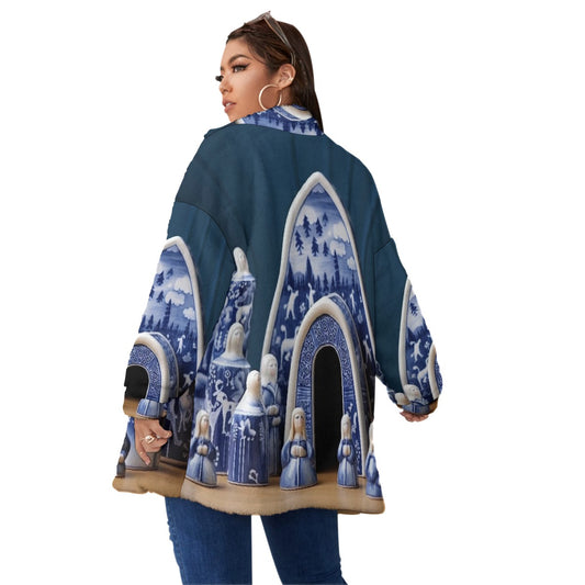 All-Over Print Unisex Borg Fleece Stand-up Collar Coat With Zipper Closure(Plus Size)