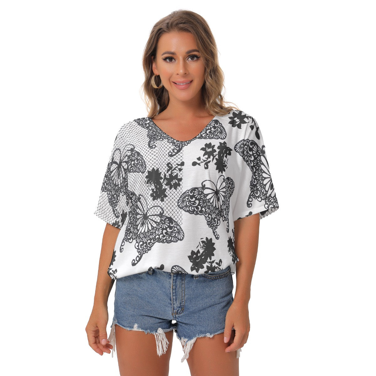 All-Over Print Women's Bat Sleeves V-Neck Blouse