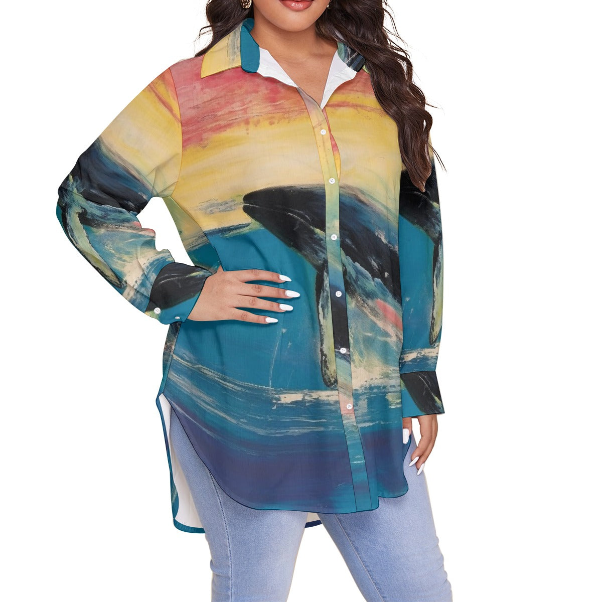 All-Over Print Women's Shirt With Long Sleeve(Plus Size)