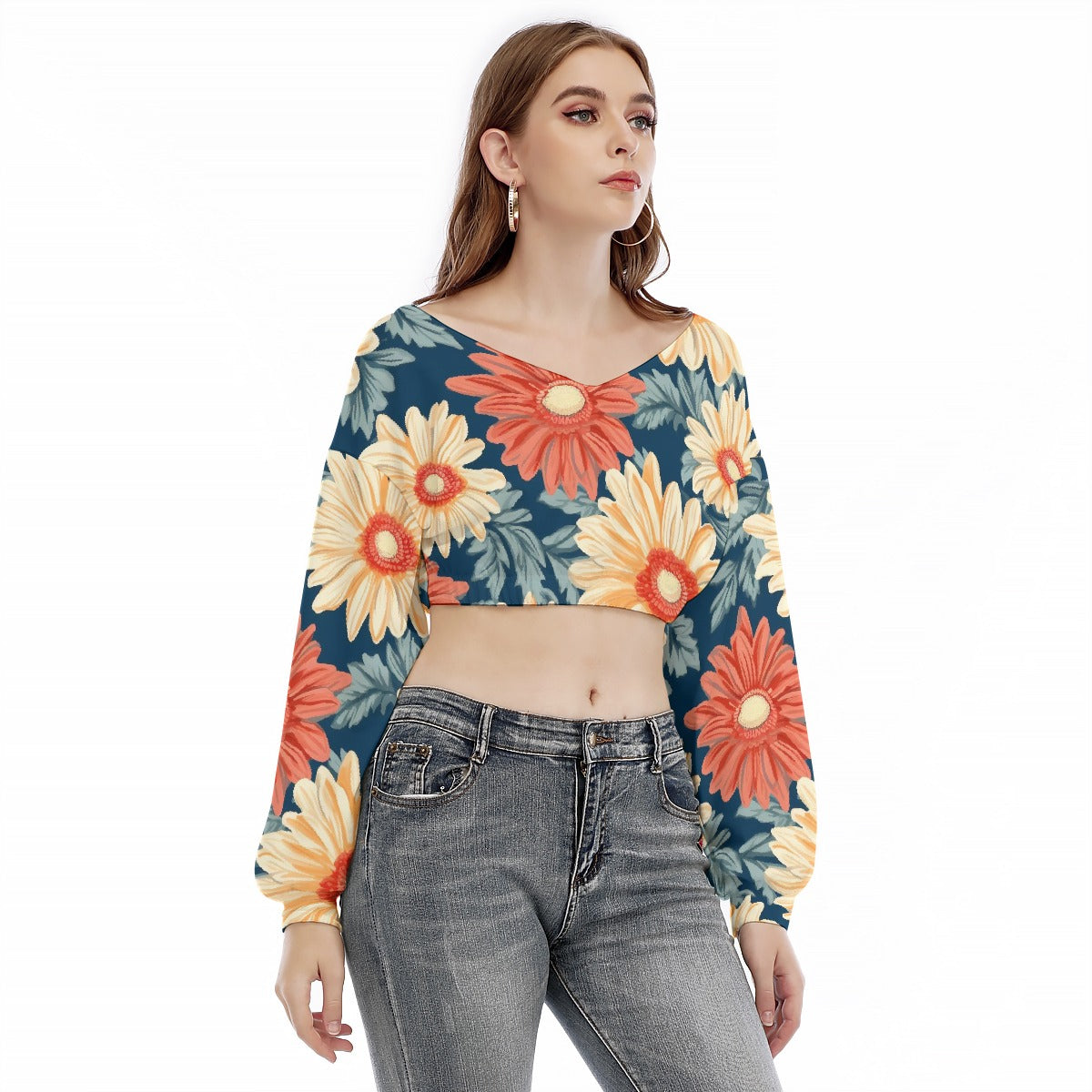 All-Over Print Women's V-neck Long Sleeve Cropped Sweatshirt
